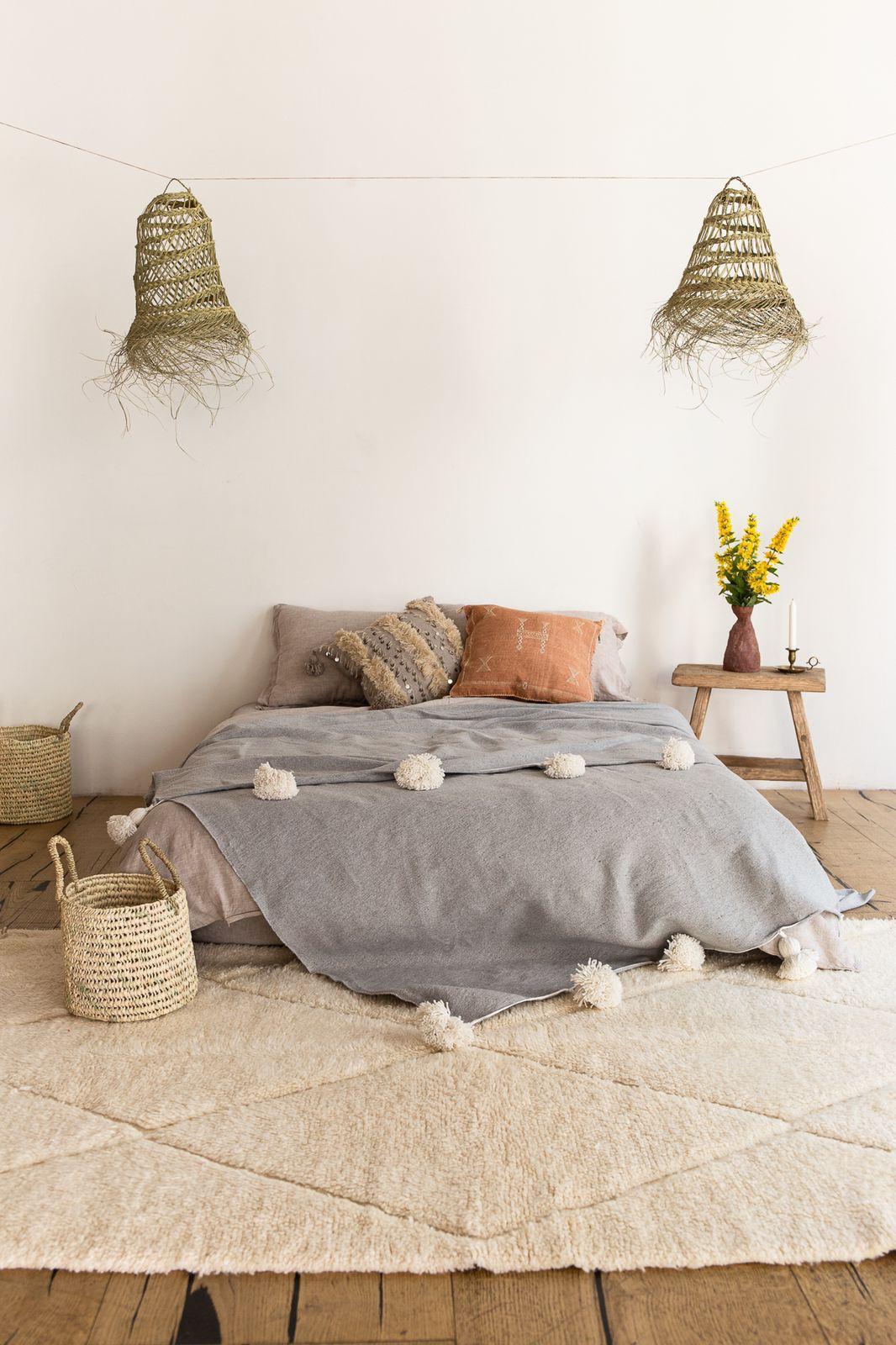 Couvre-lit écru gris à pompons blancs - 200 cm * 300 cm